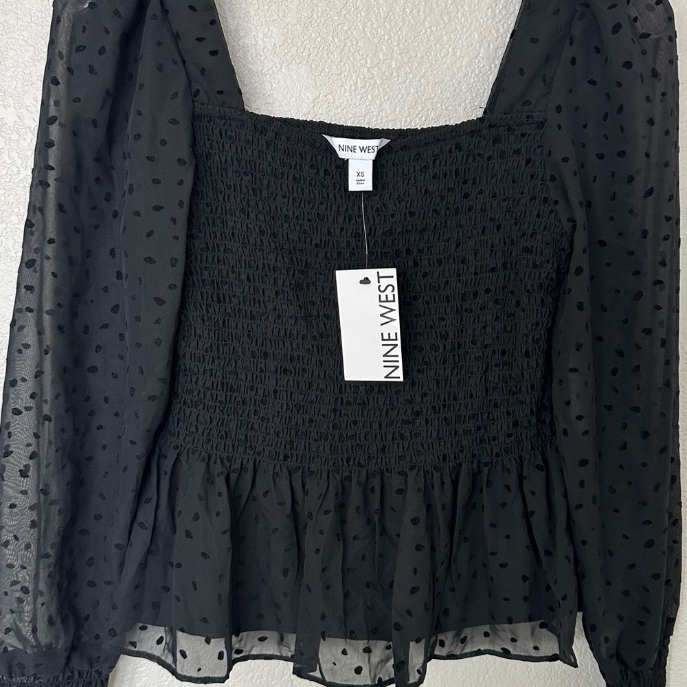 Nine West Sheer Black Smocked Peplum Blouse